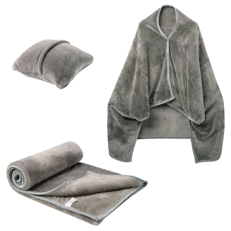 Blue fleece blanket shawl folded into cushion