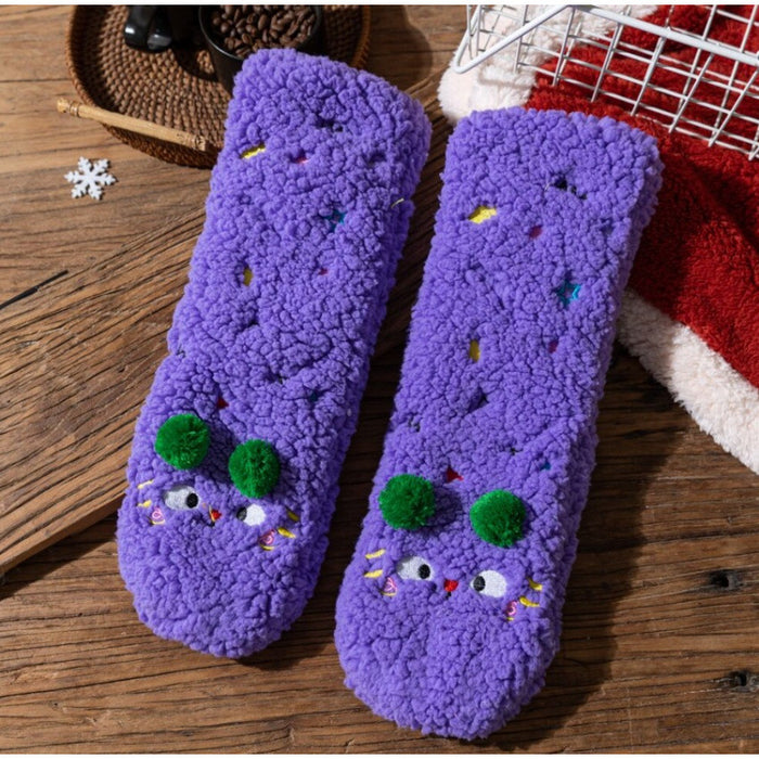 Cosycombe Fluffy Socks with Embroidered Faces and Pompoms