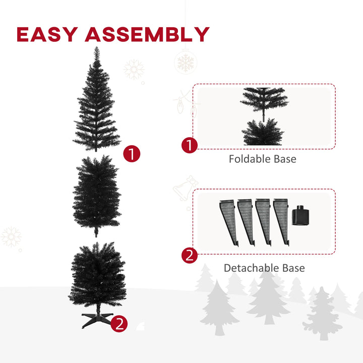 Slim black pencil Christmas tree in corner