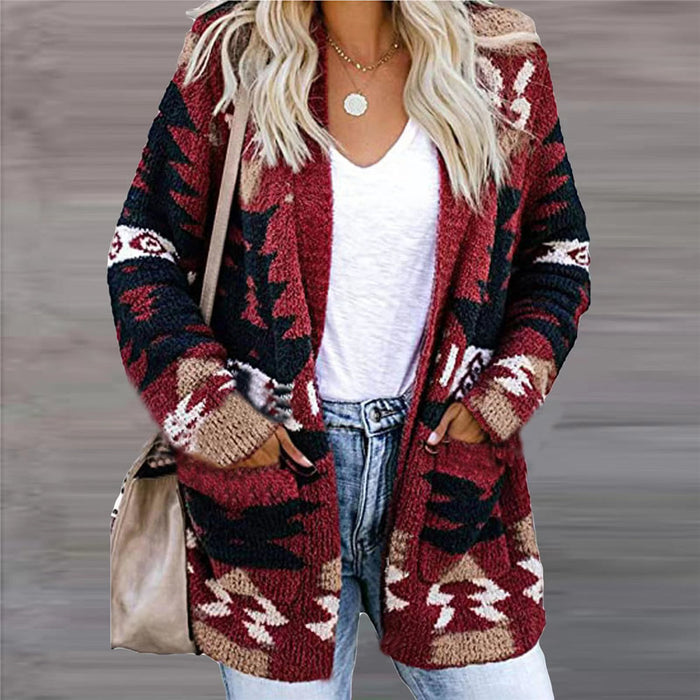 Cosycombe Open Front Knitted Cardigan with Pockets and Geometric Print
