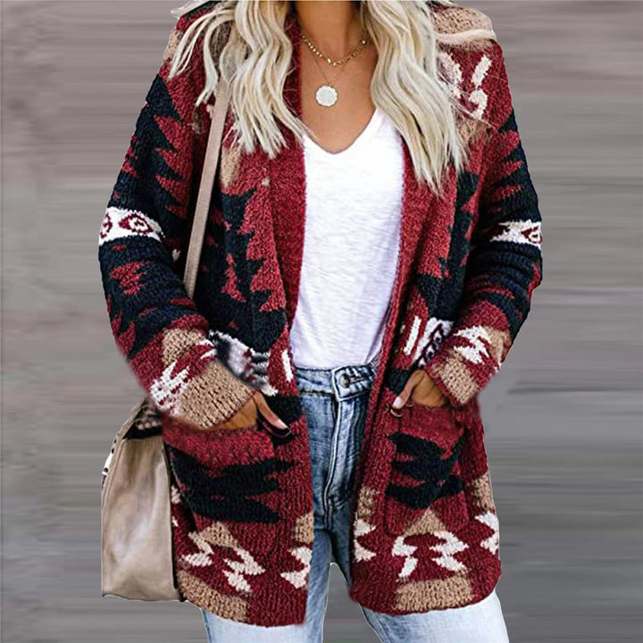 Woman wearing open front geometric knit cardigan