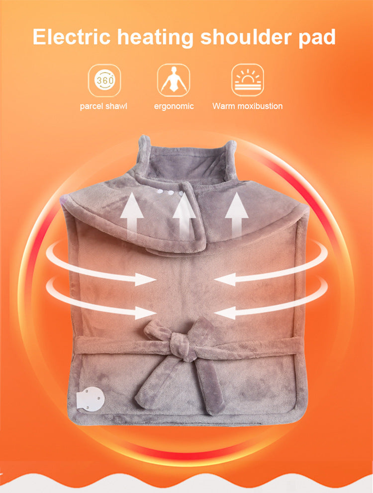 Grey heated flannel shawl over shoulders