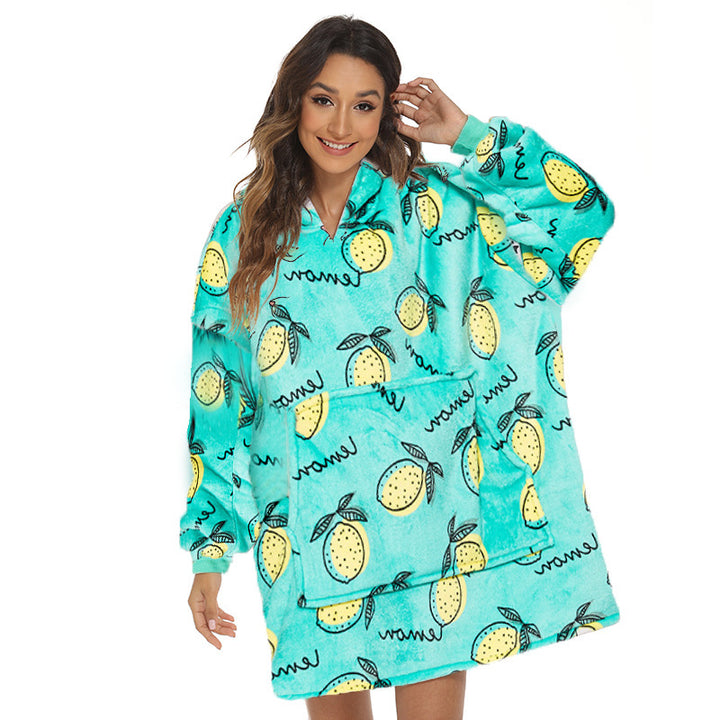 Person wearing oversized panda hooded blanket