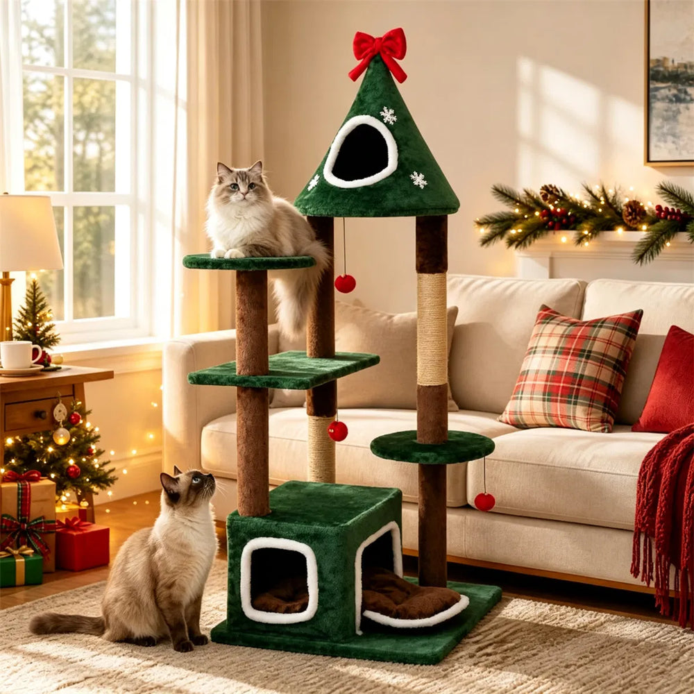 Green Christmas cat tree with bell balls