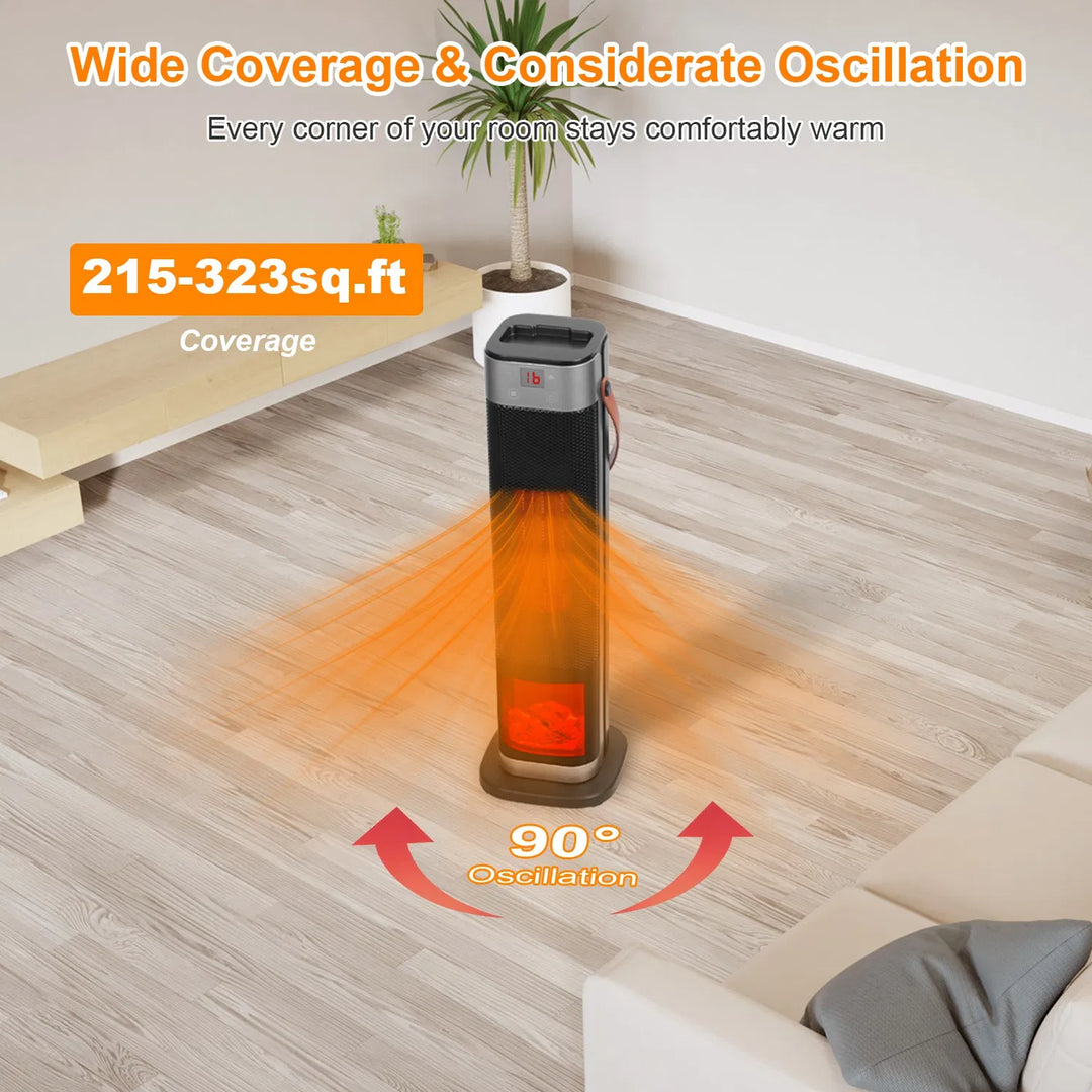 Black tower heater with flame-effect window