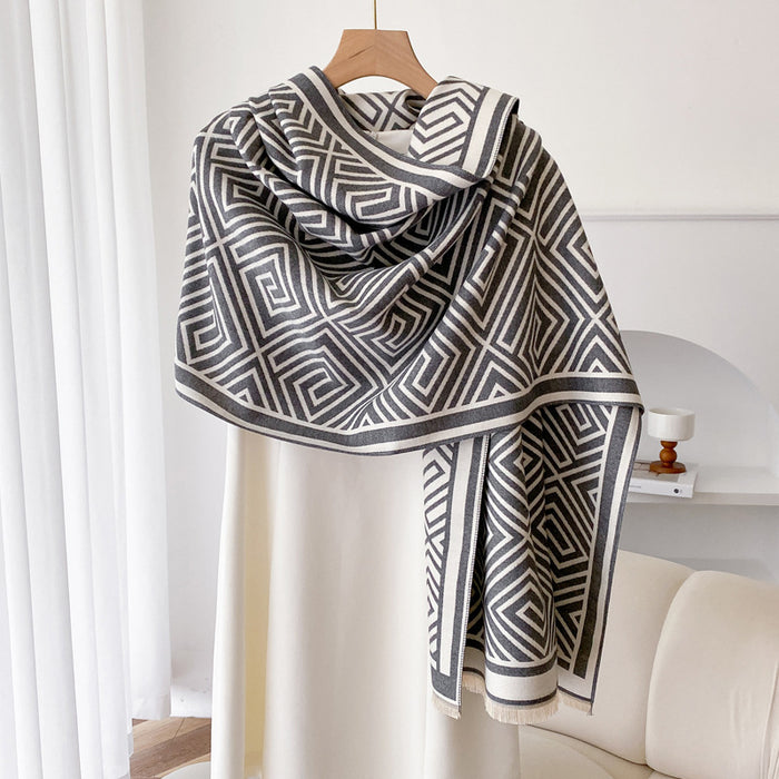 Cosycombe Fringed Cashmere-Feel Shawl Cape with Geometric Pattern