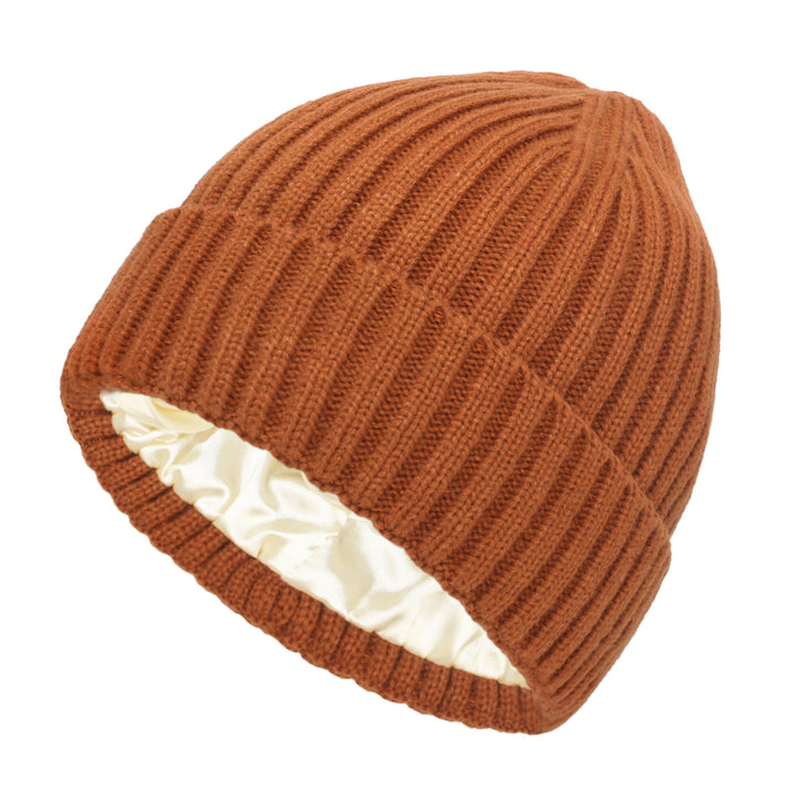 Cream ribbed beanie with satin lining