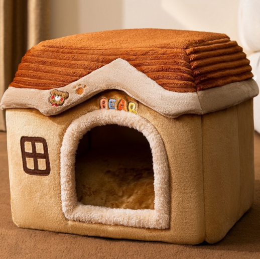 Plush enclosed cat house with cushion