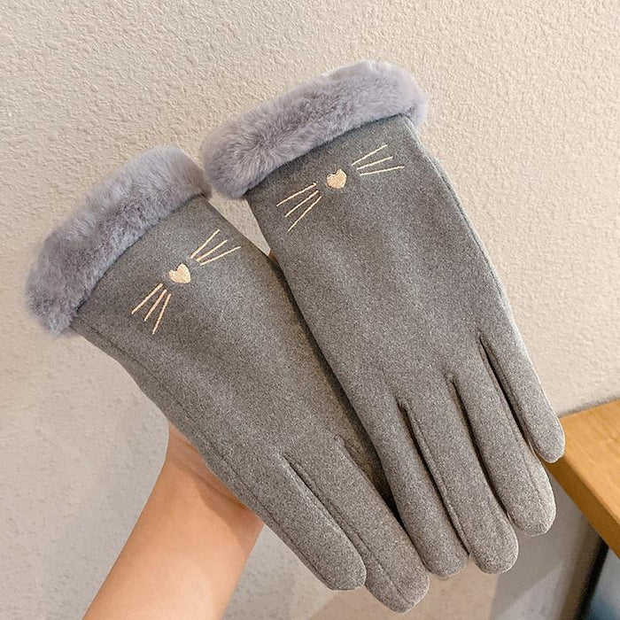 Cosycombe Faux Fur Cuff Winter Gloves with Cat Face Embroidery
