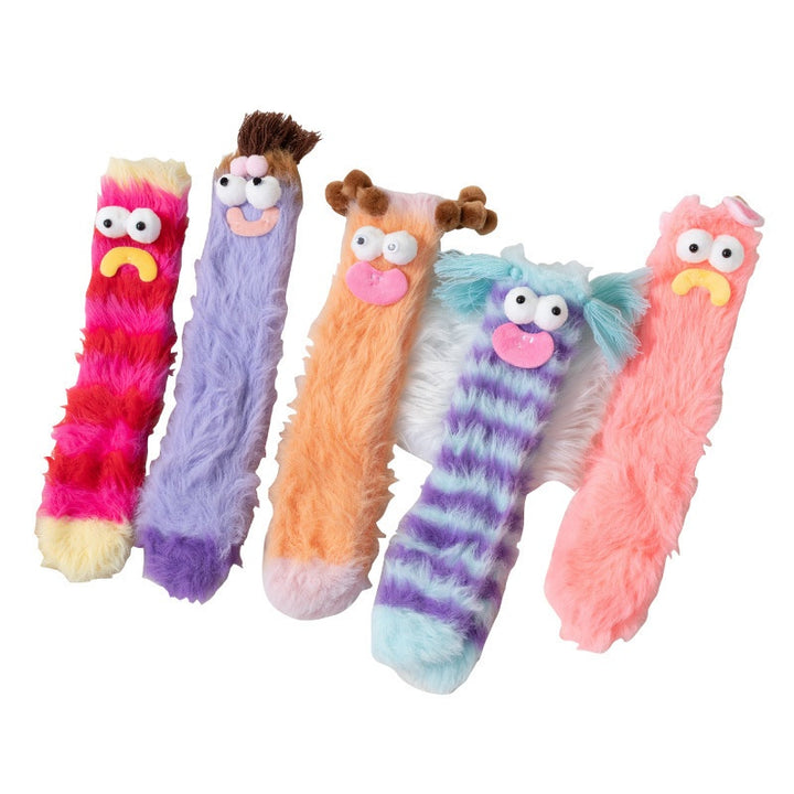 Fluffy pink monster socks with funny face