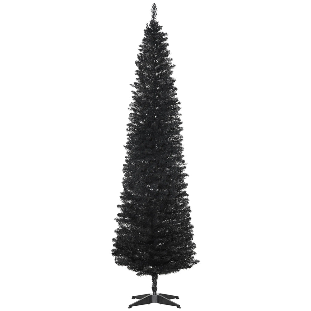 Slim black pencil Christmas tree in corner