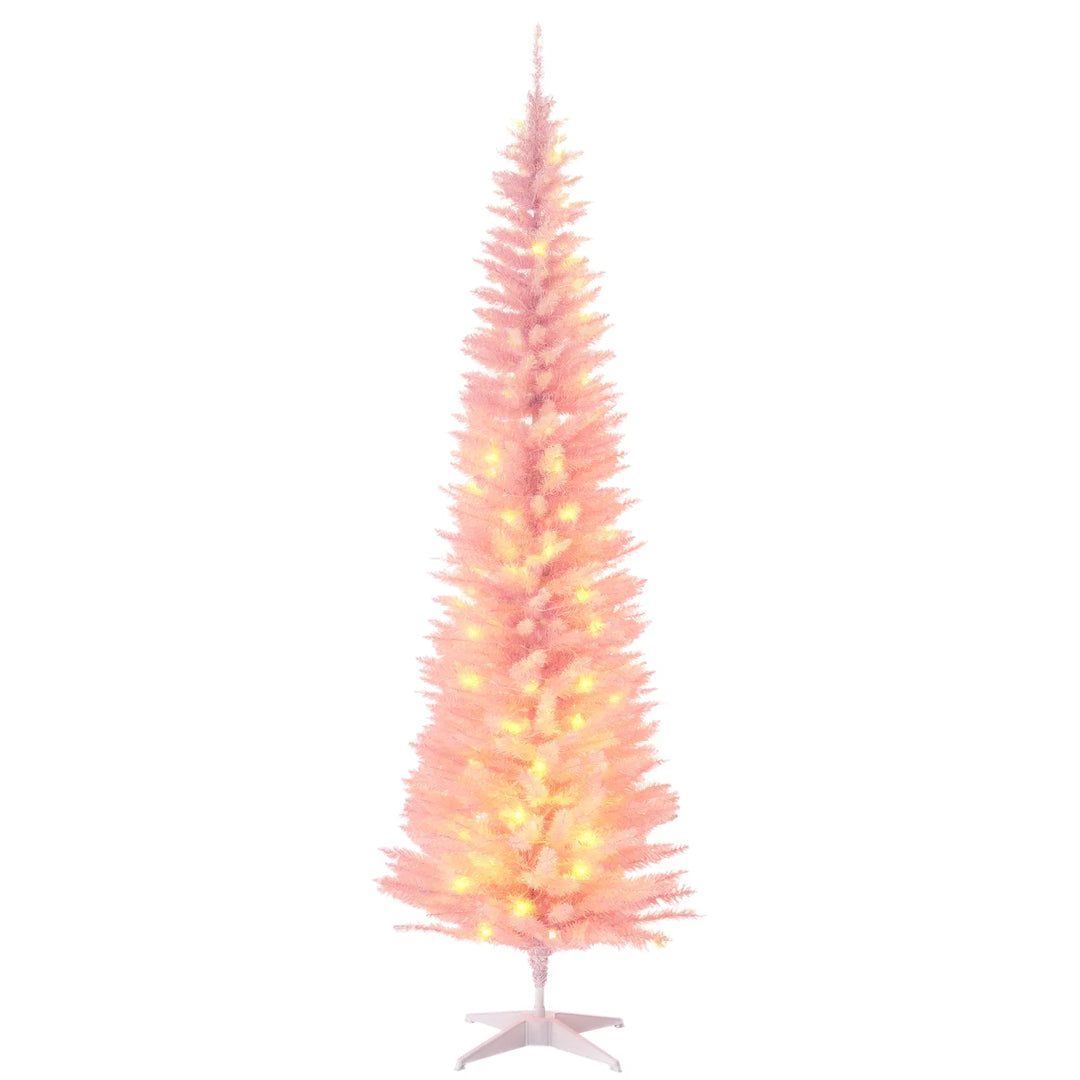 Tall pink pencil tree with warm lights
