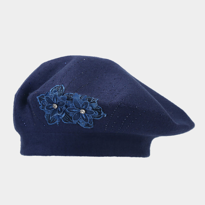 Cosycombe Knit Beret with 3D Flower and Rhinestones