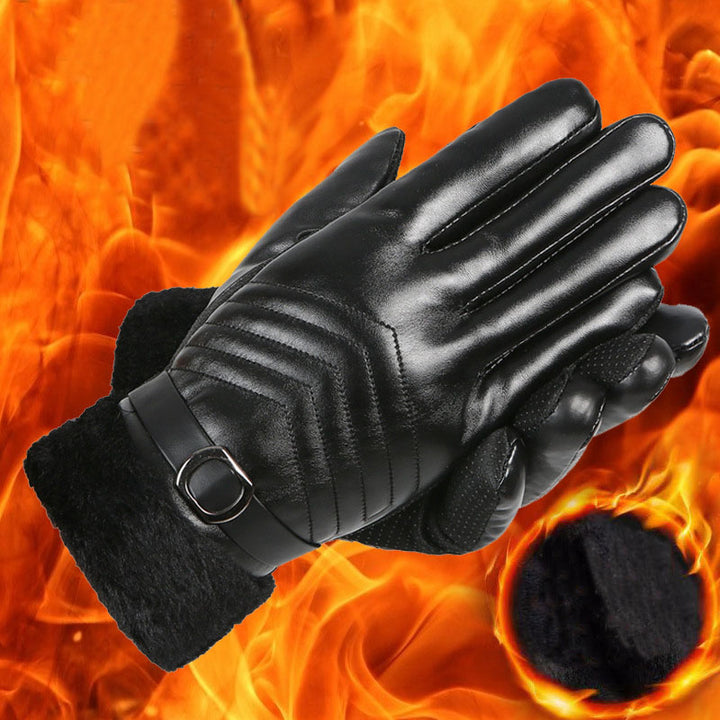 Black faux leather winter gloves with plush lining