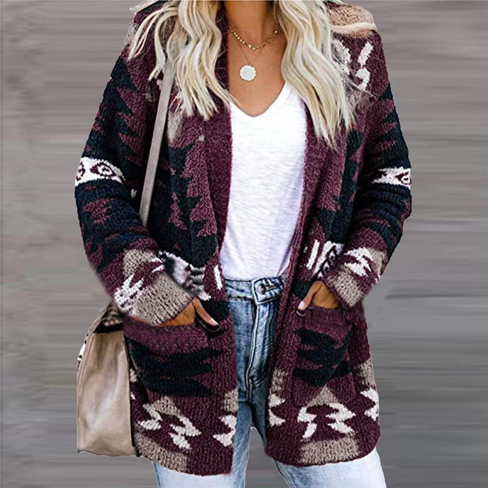 Cosycombe Open Front Knitted Cardigan with Pockets and Geometric Print