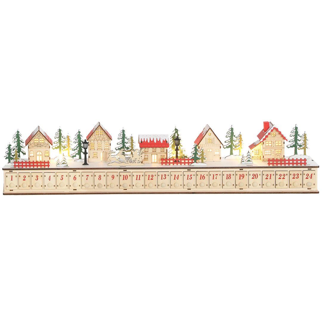 Long wooden lit advent calendar on mantel