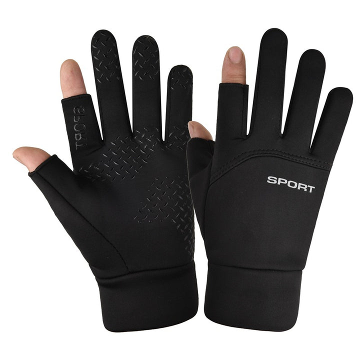 Black velvet lined winter sports gloves