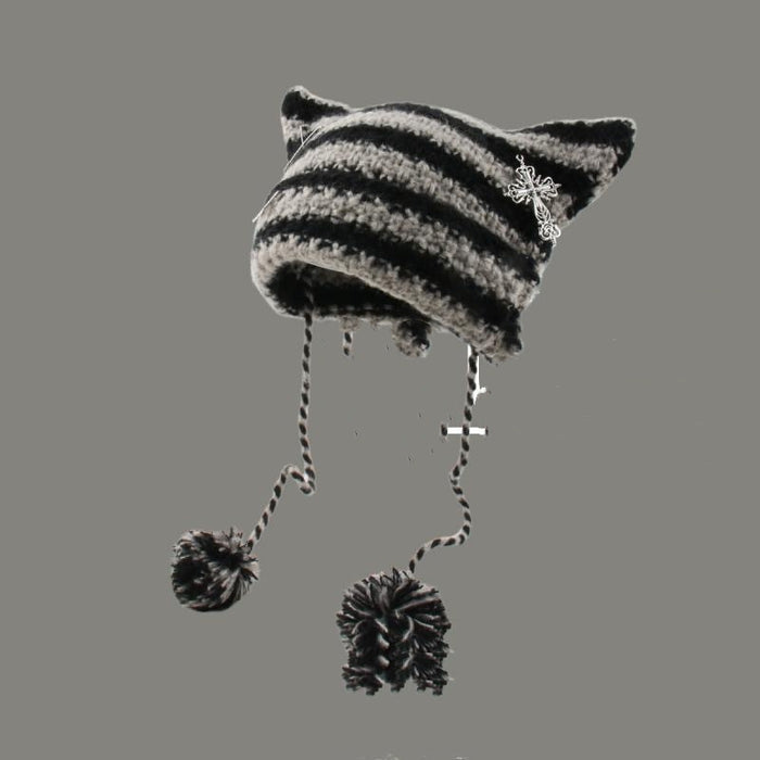Cosycombe Striped Cat Ear Beanie with Star or Pompoms