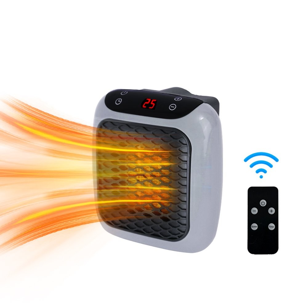 compact white plug-in heater with remote control