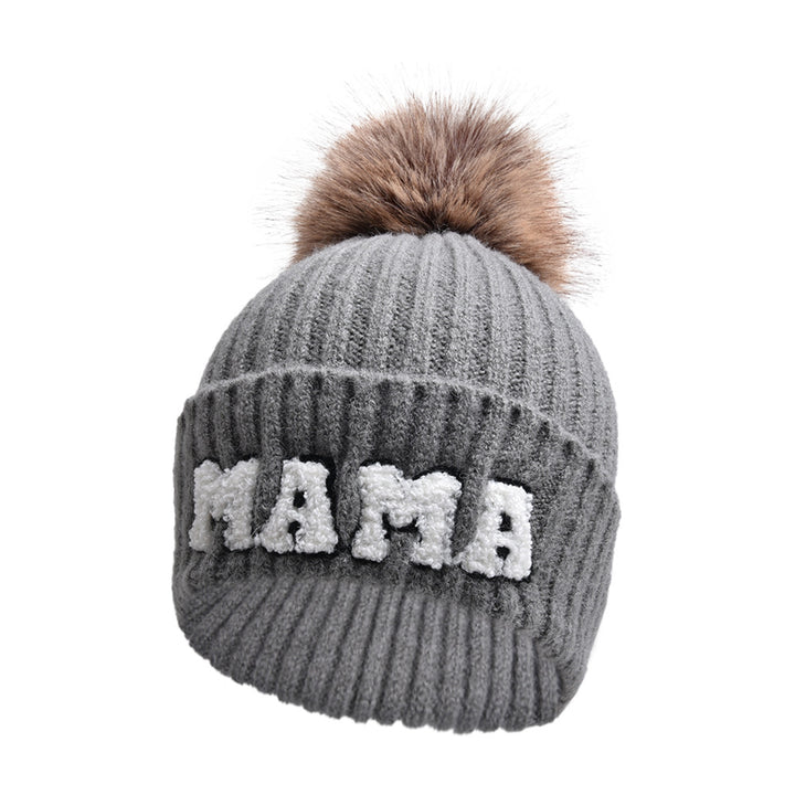 Pink MAMA and MINI beanies with pompoms