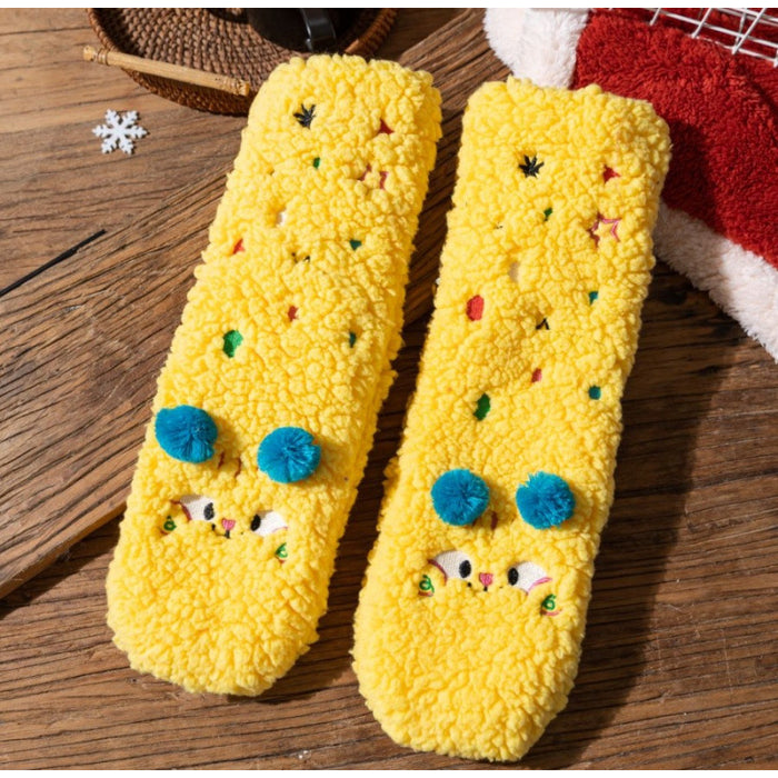 Cosycombe Fluffy Socks with Embroidered Faces and Pompoms