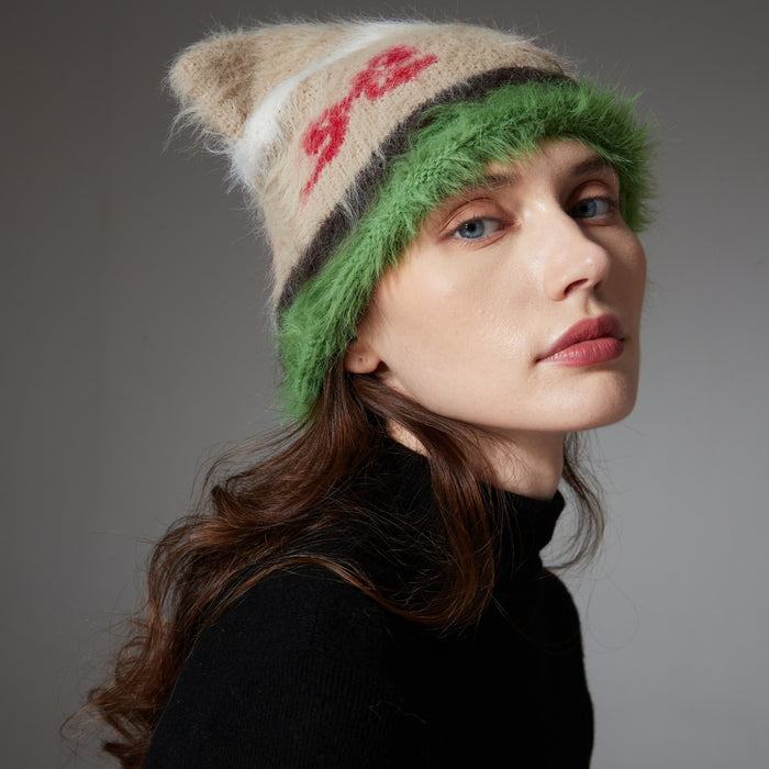 Cosycombe Shaggy Cat Ear Beanie with Bow Pattern