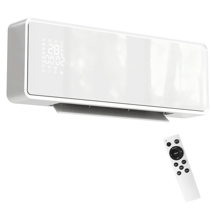 white wall-mounted ceramic fan heater with glass panel