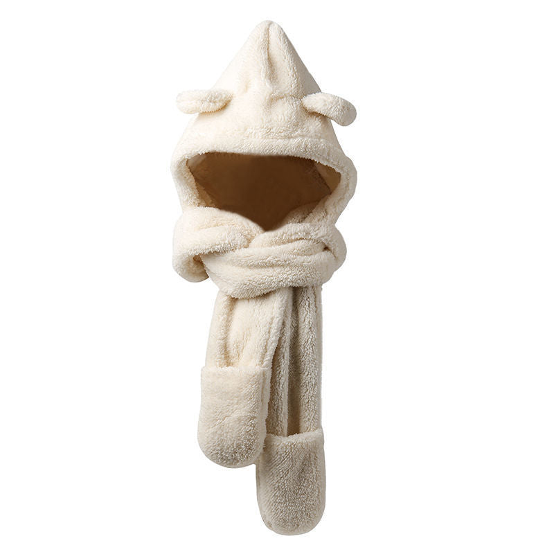 Woman wearing teddy hood scarf with bear ears