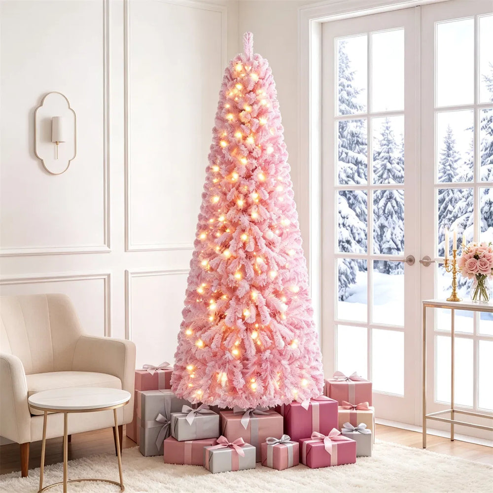 Pink flocked Christmas tree with lights