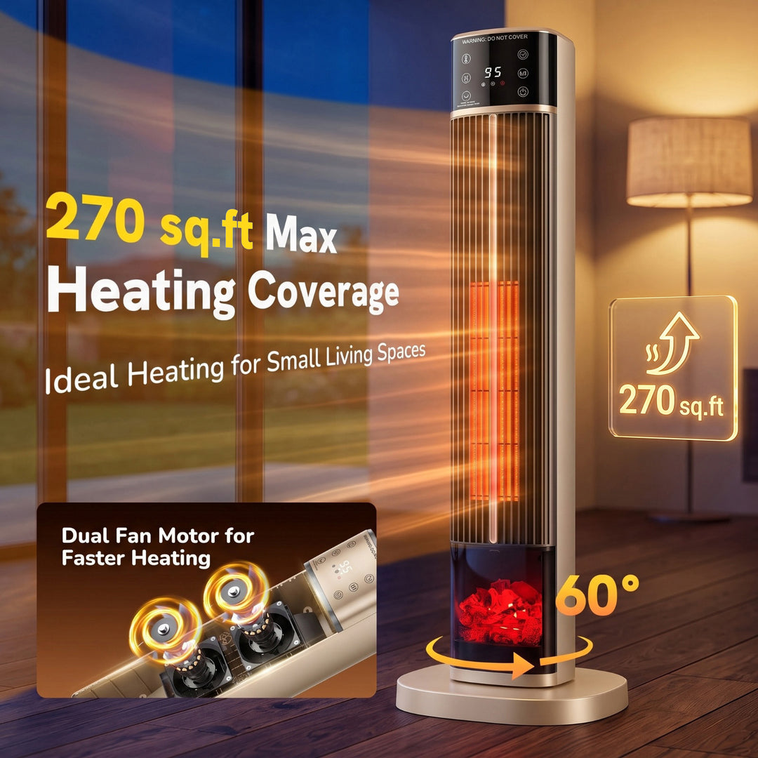 Tall ceramic tower heater with flame-effect panel