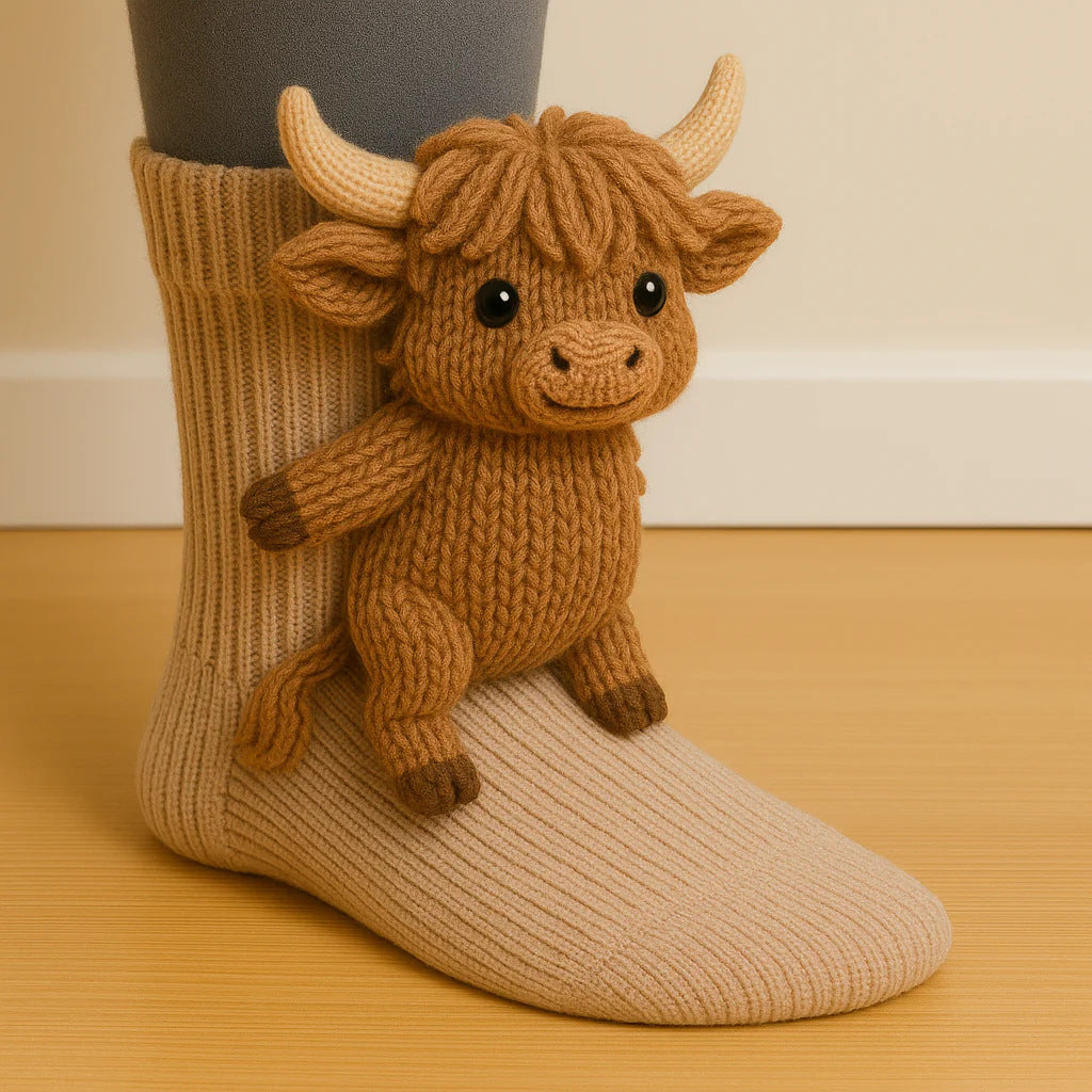 Knit socks with 3D crochet sloth