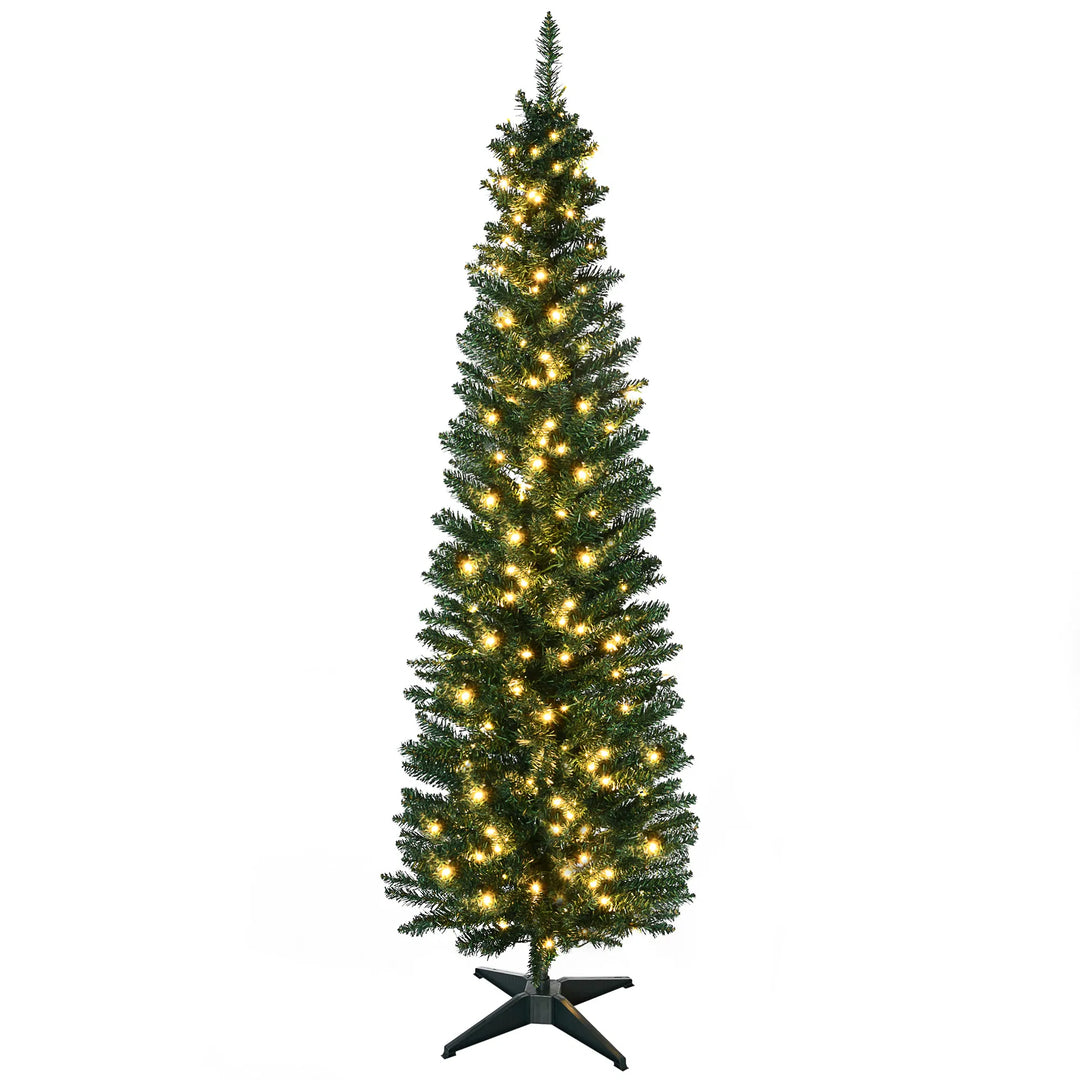 Tall slim green pencil tree with warm lights