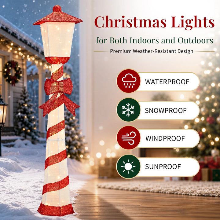 Candy cane striped Christmas lamp post glowing