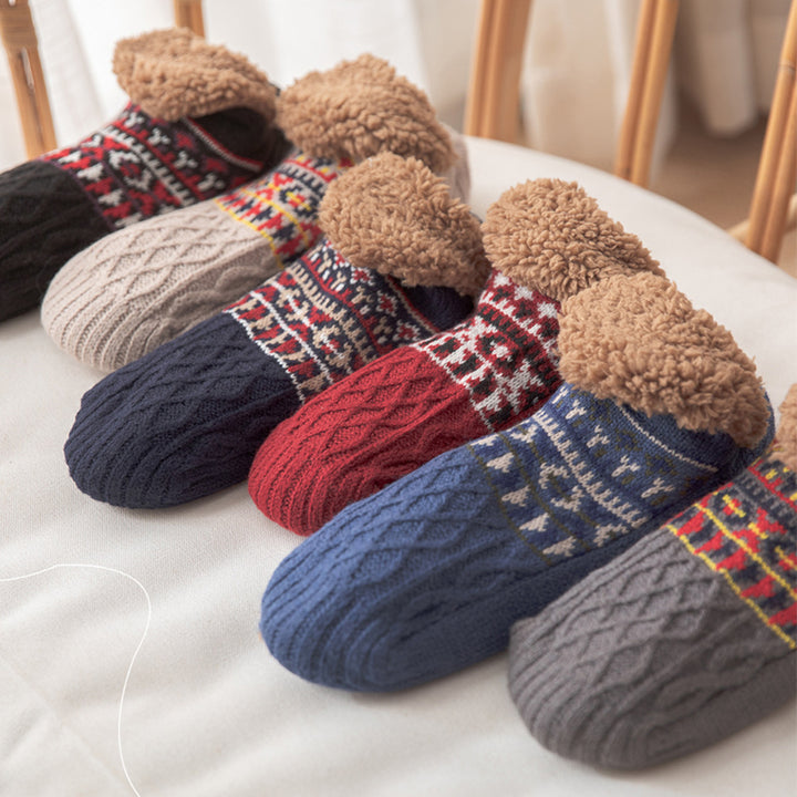 Knitted slipper socks with fleece cuff