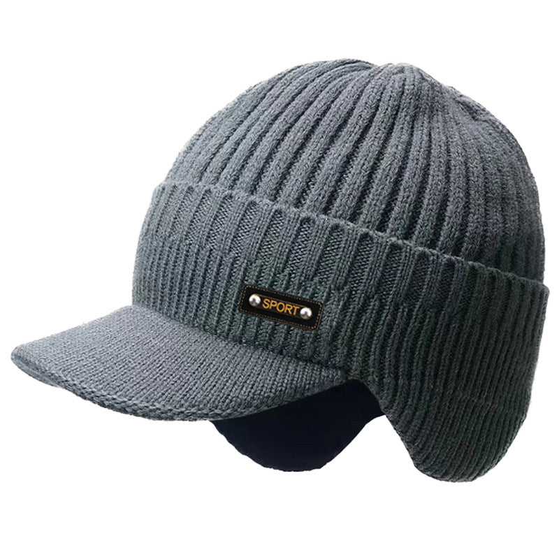 Black mens peaked beanie with ear flaps