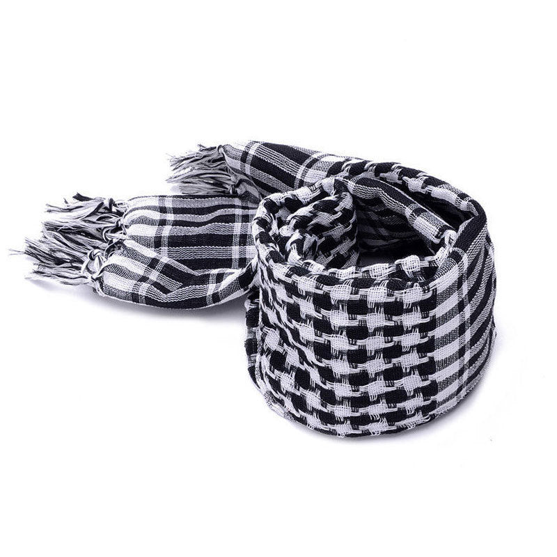 Shemagh scarf wrapped around neck and face