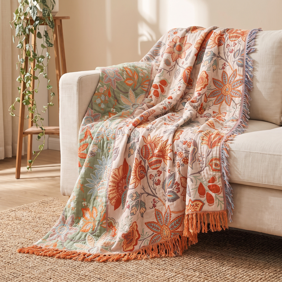 Cosycombe™ Boho Floral Cotton Throw with Fringe in Orange and Blue