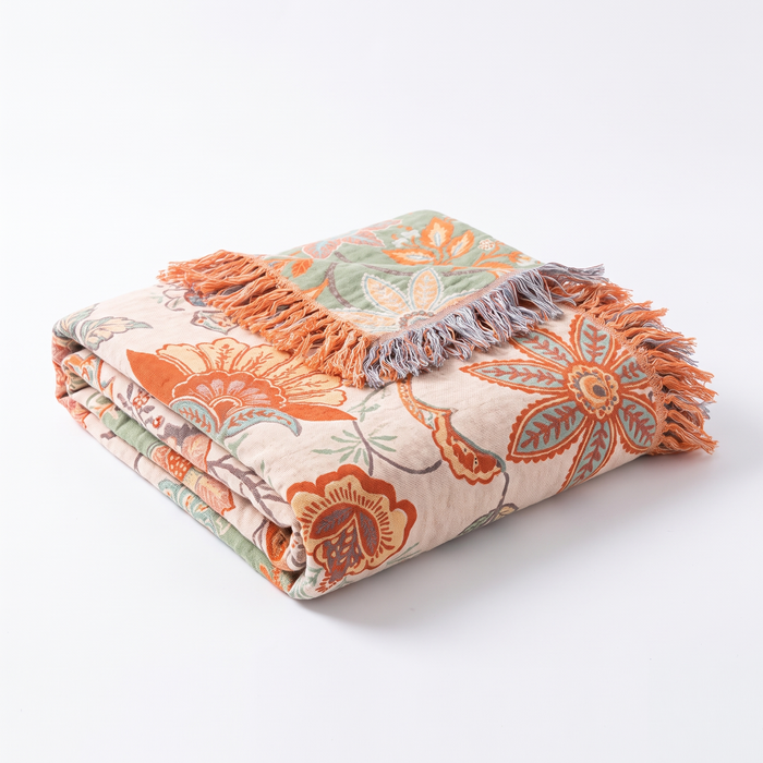 Cosycombe™ Boho Floral Cotton Throw with Fringe in Orange and Blue