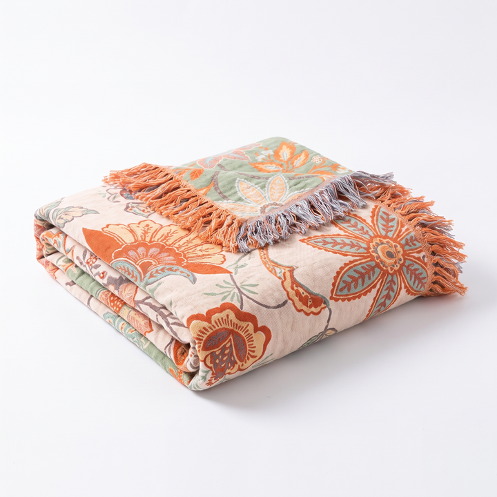 Cosycombe™ Boho Floral Cotton Throw with Fringe in Orange and Blue