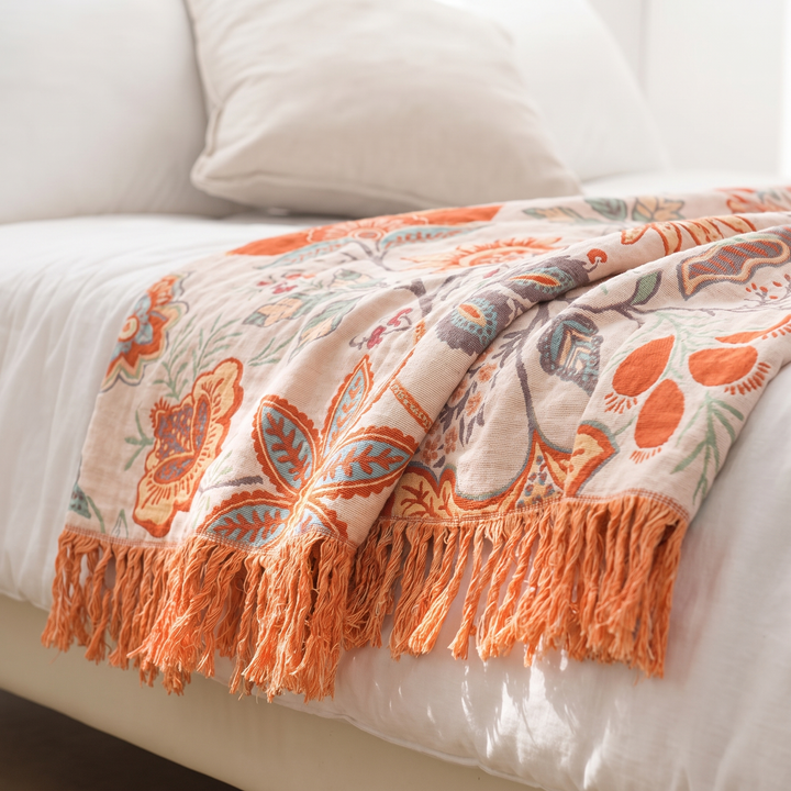 Cosycombe™ Boho Floral Cotton Throw with Fringe in Orange and Blue