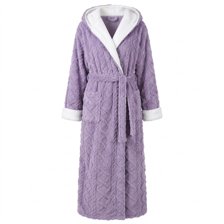 Cosycombe™ Long Plush Knitted Hooded Dressing Gown with Patch Pockets