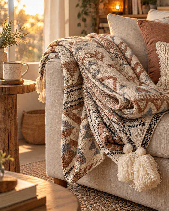 Cosycombe™ Boho Knitted Throw with Tassels in Soft Neutral Beige