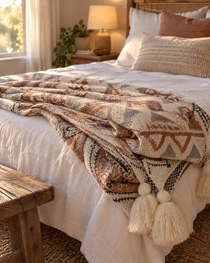 Cosycombe™ Boho Knitted Throw with Tassels in Soft Neutral Beige
