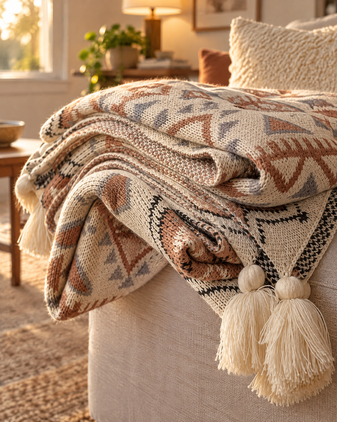 Cosycombe™ Boho Knitted Throw with Tassels in Soft Neutral Beige