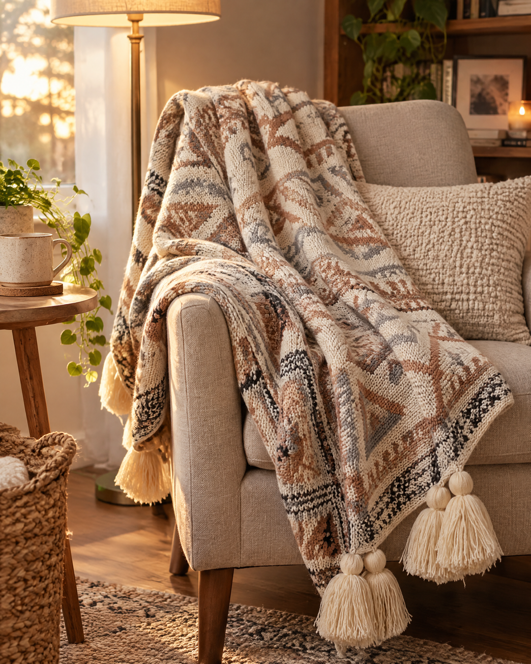 Cosycombe™ Boho Knitted Throw with Tassels in Soft Neutral Beige