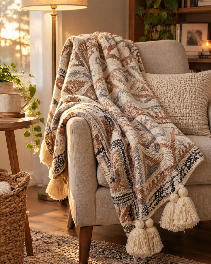 Cosycombe™ Boho Knitted Throw with Tassels in Soft Neutral Beige