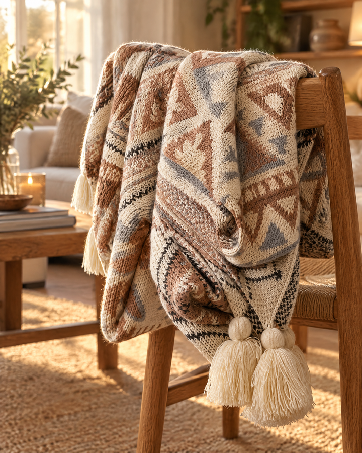Cosycombe™ Boho Knitted Throw with Tassels in Soft Neutral Beige