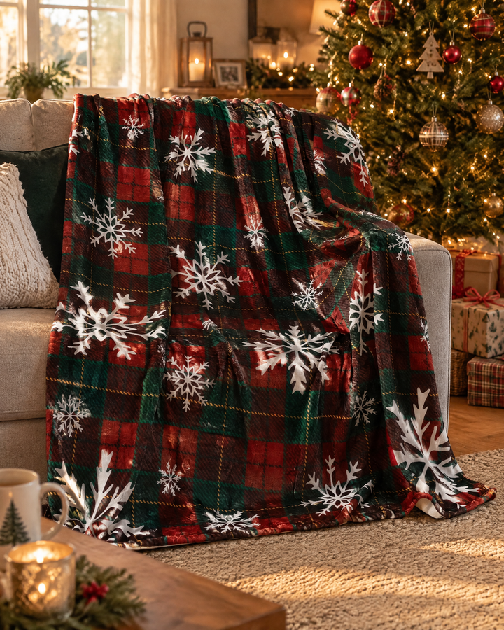 Cosycombe™ Red Tartan Christmas Throw in Soft Flannel Fleece With Snowflakes
