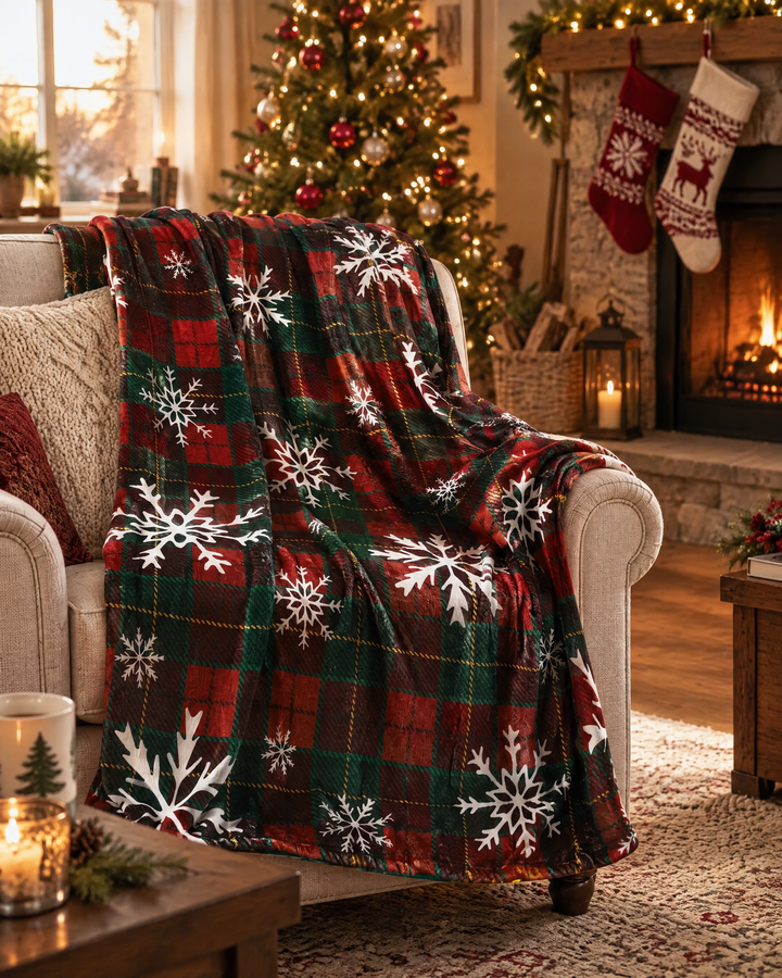 Cosycombe™ Red Tartan Christmas Throw in Soft Flannel Fleece With Snowflakes