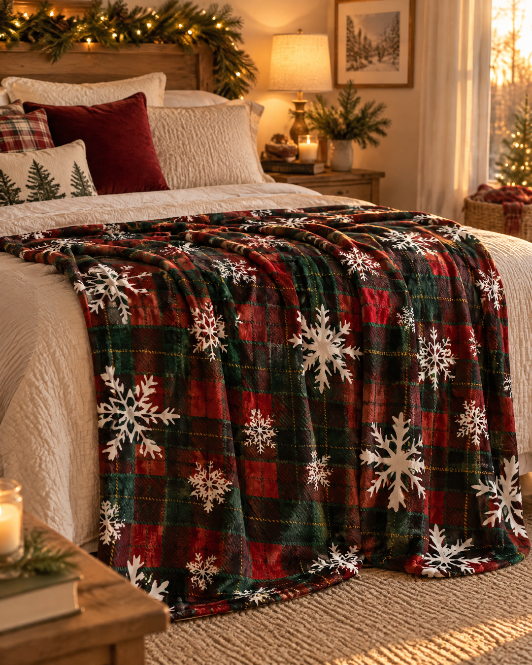 Cosycombe™ Red Tartan Christmas Throw in Soft Flannel Fleece With Snowflakes